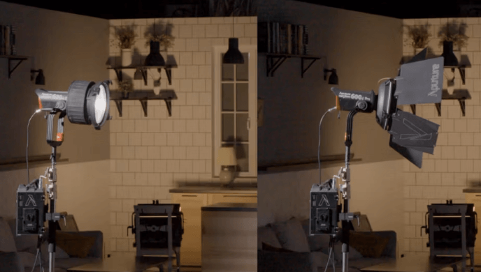 Aputure LS 600d Pro weather-resistant daylight LED light setup on a C-stand for outdoor filming