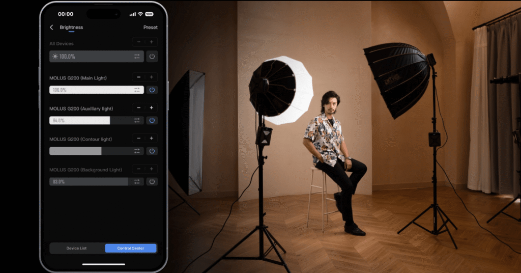 Zhiyun Molus G200 COB light featuring compact separated controller design and MAX extreme mode