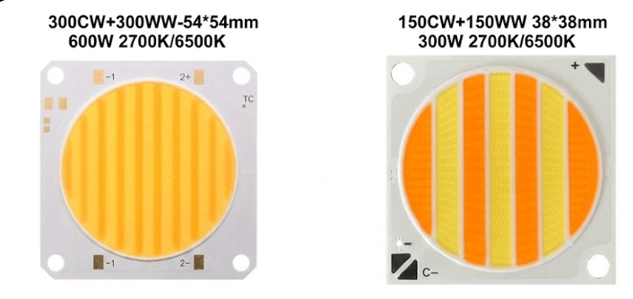 600W COB LED chip (300CW+300WW, 54*54mm) with 2700K/6500K dual color temperature, featuring a yellow striped circular design on a white ceramic substrate