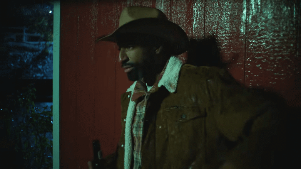 High-contrast cinematic film still lit by the Aputure NOVA 9° narrow 9-degree beam, demonstrating directional hard shadows and superior skin tone reproduction on a subject in a cowboy hat.