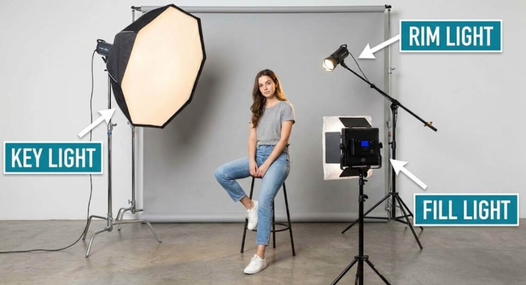 Educational photography diagram demonstrating a 3-point studio lighting setup with Key Light, Fill Light, and Rim Light labels.