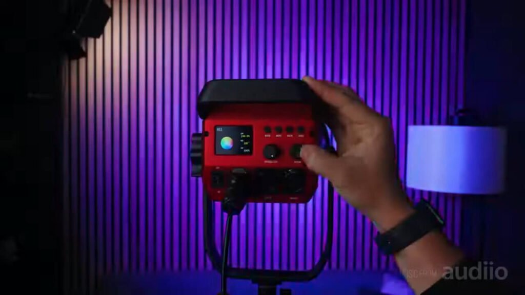 GVM PRO SD300C rear control panel with LCD screen and physical knobs for CCT and brightness adjustment.