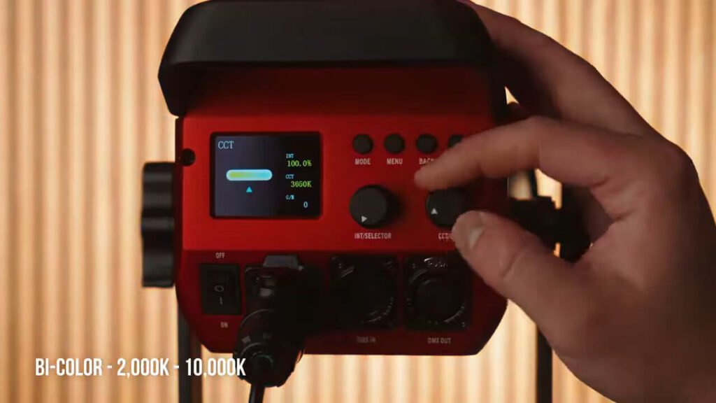 GVM PRO SD300C rear control panel with LCD screen and physical knobs for CCT and brightness adjustment.