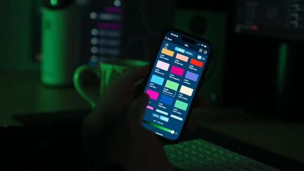 GVM PRO SD300C rear control panel with LCD screen and DMX ports.
