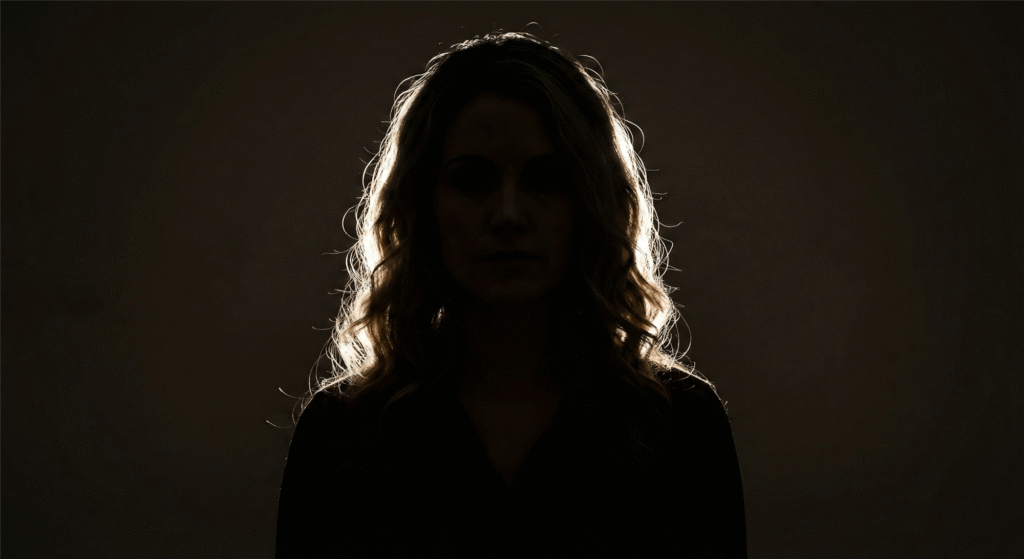 Visual demonstration of the Rim Light effect within a 3-point studio lighting setup, creating a glowing silhouette and background separation.