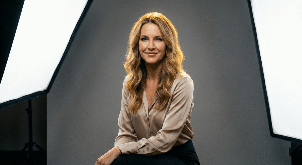 Professional cinematic portrait of a woman achieved using a standard 3-point studio lighting technique for balanced depth and clarity.
