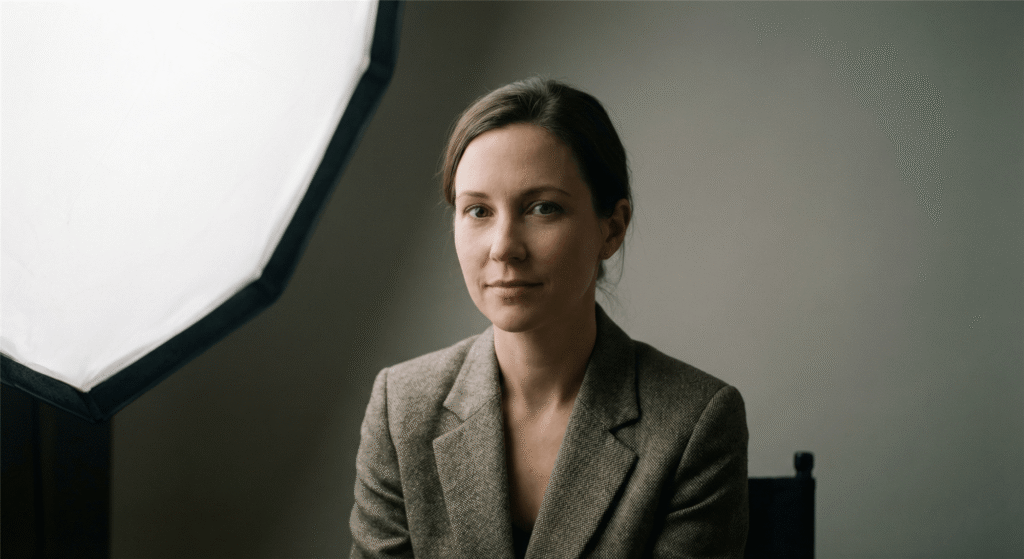 High-quality studio headshot showing the balanced and natural lighting results of a professional 3-point studio lighting configuration.