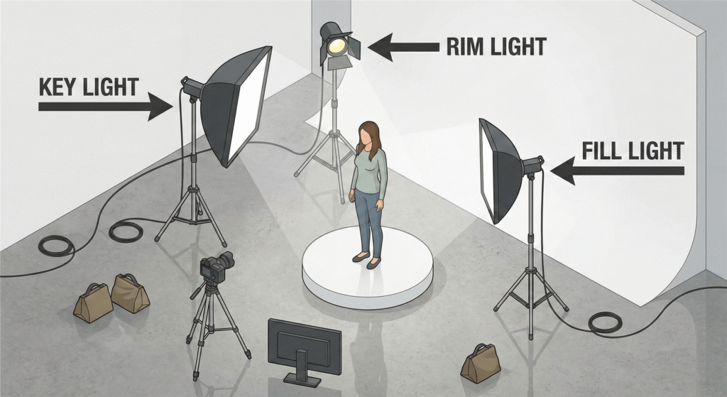 Technical 3D floor plan diagram illustrating the precise placement and angles for a standard 3-point studio lighting arrangement.
