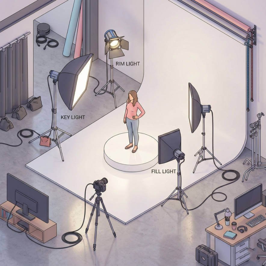 Isometric 3D illustration of a complete professional studio environment utilizing the 3-point studio lighting method for video production.