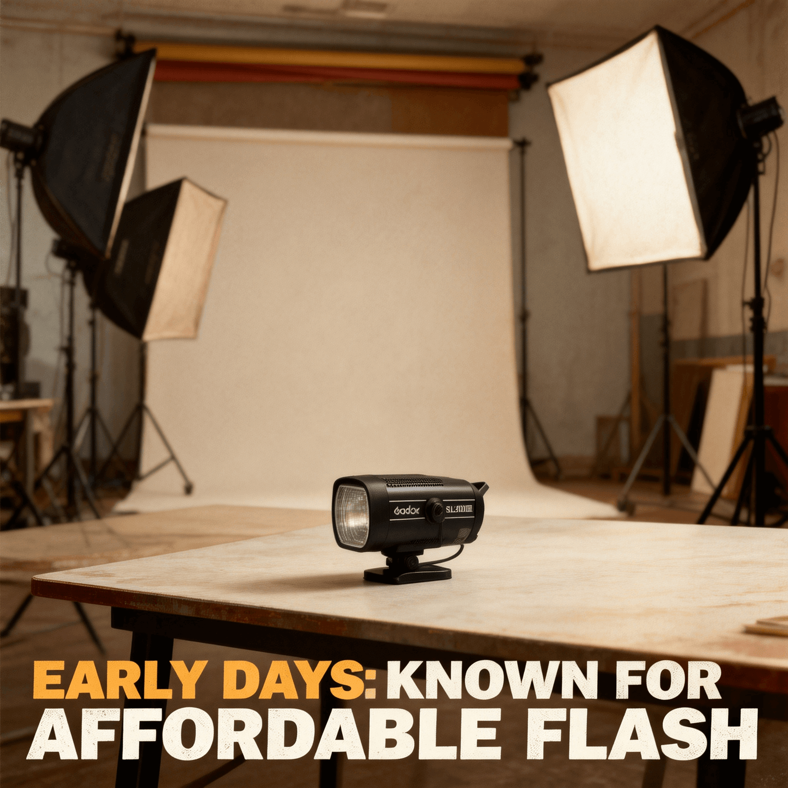 A close-up view of a Godox LED video light resting on a studio table, surrounded by professional lighting equipment and diffusion softboxes in a working photo studio.