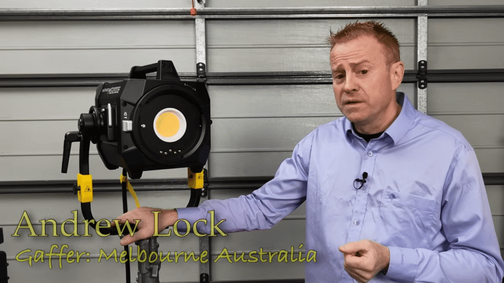 A section of the article discussing different categories of godox video lights, showing a close-up of a user attaching a reflector to a COB light, and professional gaffer Andrew Lock standing next to a large Godox Knowled series fixture.