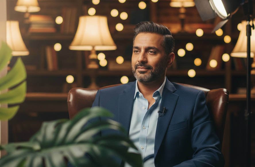 Cinematic interview frame with foreground bokeh and depth of field.