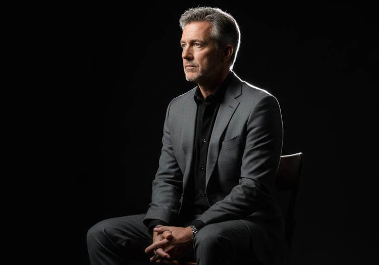 Rim lighting creating separation between dark subject and dark background.