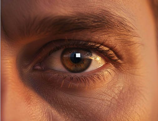 Macro shot of human eye showing square catch light reflection.