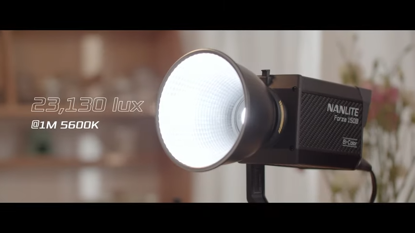 A collection of Nanlite Forza 150B use cases, showcasing its 23,130 lux output, bi-color 2700K-6500K range, and the versatile FM Mount ecosystem for on-the-move lighting.