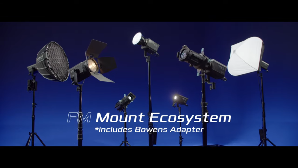 Complete FM Mount ecosystem for the Nanlite Forza 150B including diverse modifiers and softboxes.