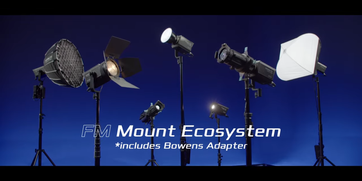 Complete FM Mount ecosystem for the Nanlite Forza 150B including diverse modifiers and softboxes.