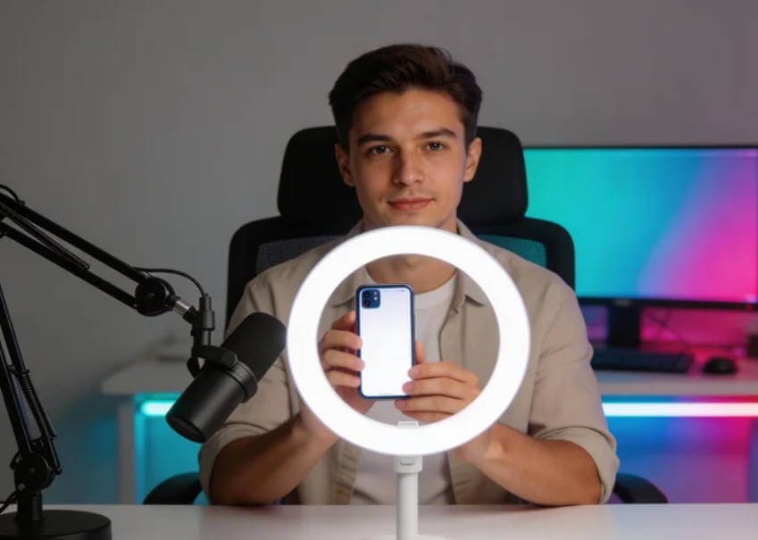 Vibrant lighting setups showing the versatility of the Right RGB Video Light in creating colorful background effects and high-quality key lighting for vloggers.