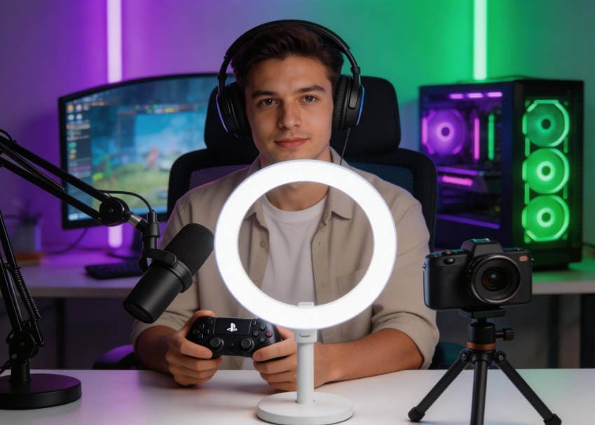 A gamer in a professional studio setup using the Right RGB Video Light for vibrant green and purple background atmosphere and a ring light for subject clarity.