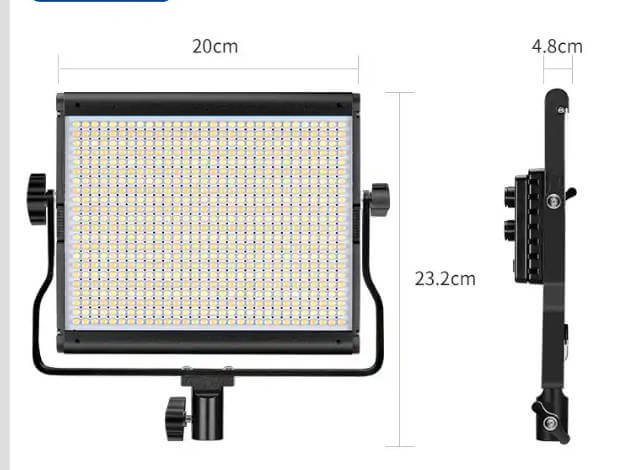 LED video panel light with adjustable barn doors mounted on a stand, showcasing its directional control and studio-ready setup.